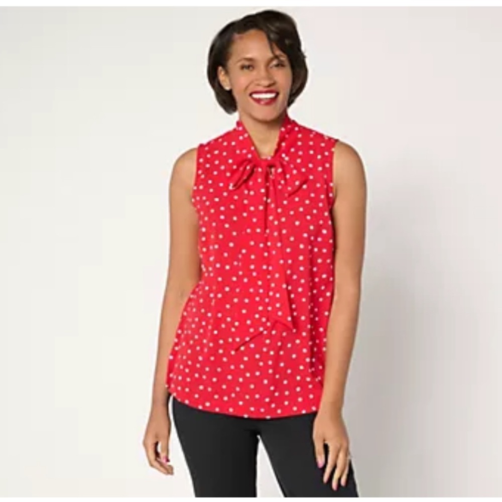 Susan Graver Polka Dot Sleeveless Top Tie Neck Workwear Spring Summer M